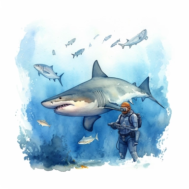 watercolor clipart consist of Shark in a playful interaction with a scuba diver on the sea surface. The scuba diver is swiming while touch the shark head. Produce very high detailed image. Left some empty white space around. The shark proportion is as original great white shark. The scuba diver proportion is as original as real scuba diver.