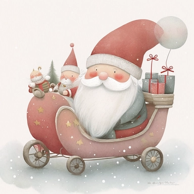 A watercolor painting cute Santa Claus , Father Christmas , sitting in his sleigh with presents in the back of his sleigh, cute detailed digital art, inspired by nicoletta ceccoli, by Kubisi art, whimsical and cute, by nicoletta ceccoli, cute detailed artwork, glimmering, adorable and whimsical, whimsical art, Clipart style, png style, svg style, blank white background, a solid white background