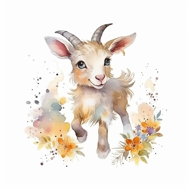 a running baby horned goat with cute big eyes, happy smiling face, cute animal, adorable, playful atitude, adorable watercolor animal clipart with a few plant and flower decor, no background, high quality