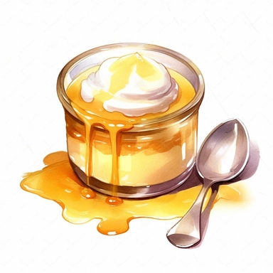 Watercolor japanese egg custard purin with whipped cream clipart, hd, on white background, spaced out