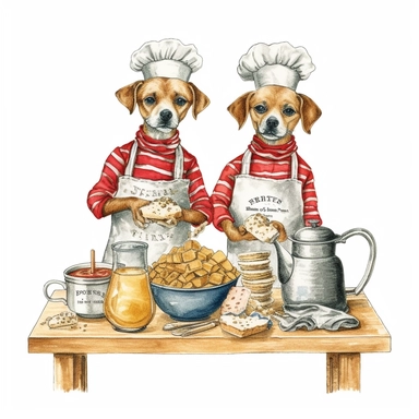 vintage cute dogs baking, wearing clothes, in the style of edward gorey, clipart, white background