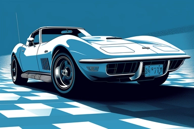 A clipart cartoonish vector, duotone wallpaper of a classic c3 corvette car, blue and white