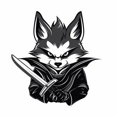 2D Black logo on a white background. Black fox samouraï with swords in hand Clipart. NO SHADING. KEEP THE LOGO SIMPLIFIED