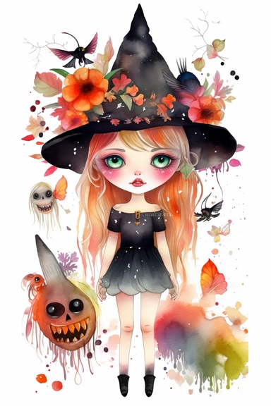 small and cute witch with big eyes and cute fairy ears, black flowers, red flowers, water elements, with bugs, with birds, overcute, looking to the camera, clipart, watercolor, summer flowers at the bottom, cute, love vibes, summer vibes, png, highly detailed,