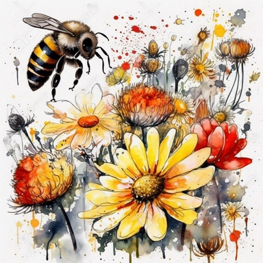 Watercolor Honeybee on a field full of flowers. Clipart Bundle.Everything is full of colourful flowers with green,red,yellow.Summer Clipart. Watercolor flower digital Graphics. Honey Bees, Honey Jar, Honey Drips.watercolor honey bee Clipart. Spring Garden honey dripping from honeycomb. Fantasy,white background. Black and white ink. solution HD : : ultrarealistic,Leica M6 camera with a Leica 50mm f/2 Summicron lens Fujifilm Pro 400H, set the ISO to 400, shutter speed to 1/125, and aperture to f/2
