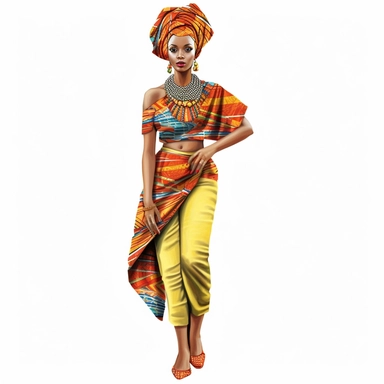 clipart, full body, african american woman wearing african print headwraps and matching earrings, glam, realistic, isolated white background--s 250