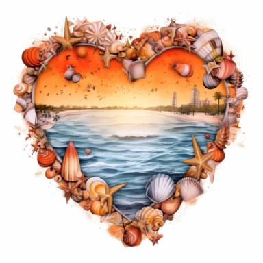 Orange beach heart shape, illustration clipart, detailed, black outline, white background, digital art, watercolor