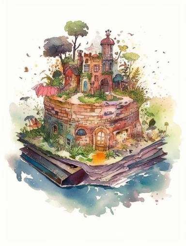 Watercolor clipart with white background, open book, magical fantasy kingdom, secret garden, flat design, clearly defined, high quality clipart