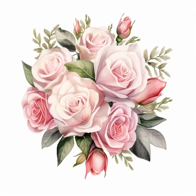 Isolated on a white background, in a feminine style that is populair on Etsy, pink roses bridal bouquet, high resolution, highly detailed, watercolor clipart illustration, soft pastel color theme, baby pink, 8k UHD isolated image on white background, hyper - realistic high definition