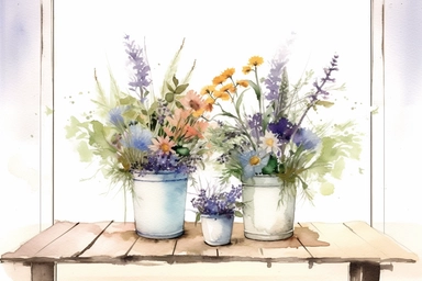 Watercolor , Wild Flowers in Hallway table, clipart, hd, on a white background, spaced out
