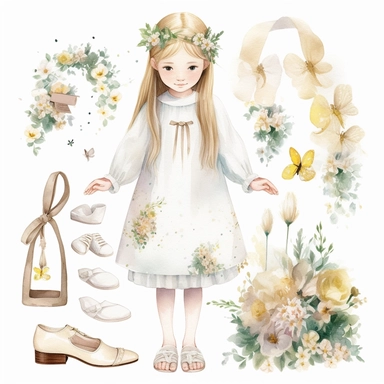 watercolour clip art of little girl dressed as holy comunion Christian symbols and dainty flowers,whole body, white shoes white back ground.