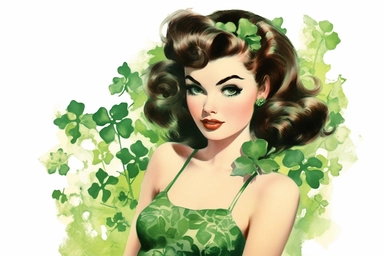 1950s Pin up girl st patricks day green shamrocks watercolor clipart