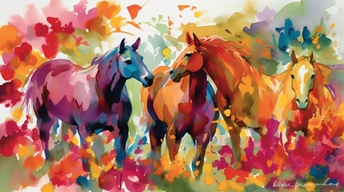 A vibrant watercolor arrangement of horses rendered as a digital clipart, drawing inspiration from the bold, expressive blooms found in Emil Nolde's garden paintings, featuring a vivid color palette that captures the flowers' natural radiance, illuminated by bright, contrasting light that emphasizes the rich, saturated hues and dynamic brushwork, and composed using an organic, free-flowing layout that conveys a sense of movement and growth.