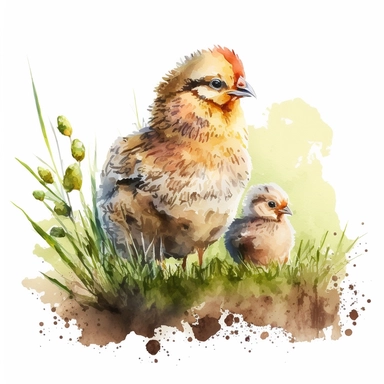 clipart watercolor cute chicken mother with baby chicken small on the grass on the farm