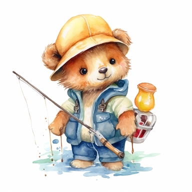 super cute happy big head baby toddler teddy bear clothed fishing fisherman fish clipart watercolor style in nature bright colors white background