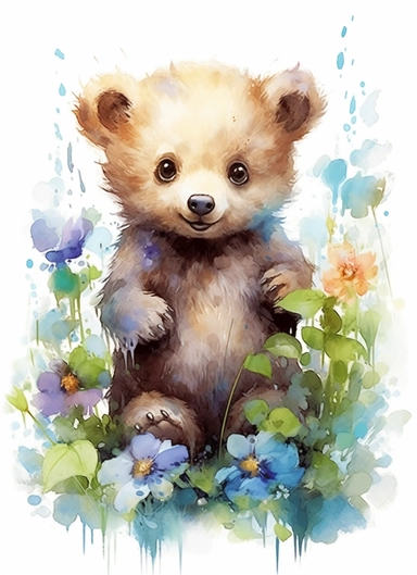baby bear on a flower field, in the style of 2d game art, nostalgic paintings, 32k uhd, colorful dreamy watercolor scenes, adventure pulp, classical, historical genre scenes, rough-edged 2d animation, watercolor clipart, white background