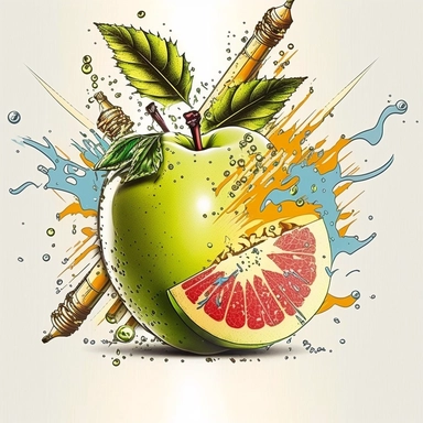 clipart illustration. In the center of the illustration are two fruits a whole grapefruit and a whole apple, in front of the illustration, an arrow from a bow flies and pierces both fruits. Splashes of the juice of both fruits are everywhere. Juicy, bright, dynamic illustration.