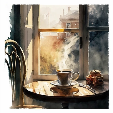 Mug of coffee steaming on bistro table near window beautiful light watercolor clipart