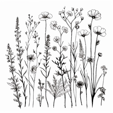 Wildflowers, Flower Meadow , Flower Border, Minimalist Flower Bouquet, Wildflower Clipart hand drawn sketch of wildflower meadow drawings boho minimalist style 4