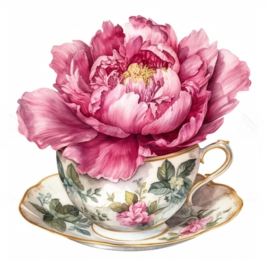 elegant watercolor 1 bright and dark pink General MacMahon peony on an elegant vintage teacup clipart, hd, on white background