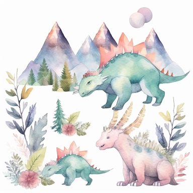 friendly, fluffy watercolor dinosaurs clipart, pastel colors, in the mountains, forest, separated, seamless, transparent background--AR 3:2