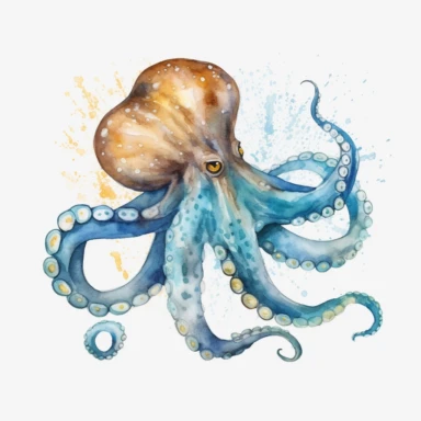 watercolor, Octopus has a glittering blue and gold body. png Full body realistic cartoon in 32K UHD cute. 15 cm thick outline. There was no shadow on the ground. 8k with realistic watercolors and detailed illustrations. PNG clipart, transparent white back