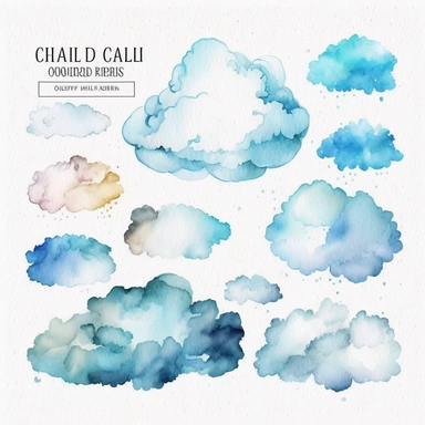 clouds, ombre, watercolor,all white background, clipart