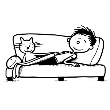 cute happy stick figure clipart about a boy stick figure, cute smiling happy, relaxing and lying with a cat on sofa, only black lines, isolated, low details, oneline art, white background,