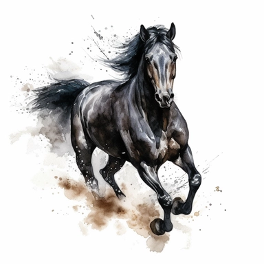 beautiful black horse galloping watercolor clipart on white background, sharp