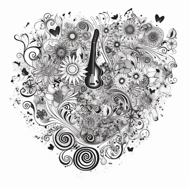 shirt graphic, Imagine a world where gratitude fills our hearts, radiating positivity and contentment black and white drawing, .dreamy, fireworks of MUSIC NOTES and scrolls, CONTOUR, VECTOR IMAGE, FLAT , simple, sharp, detailed, clipart , on a white background--no mockup