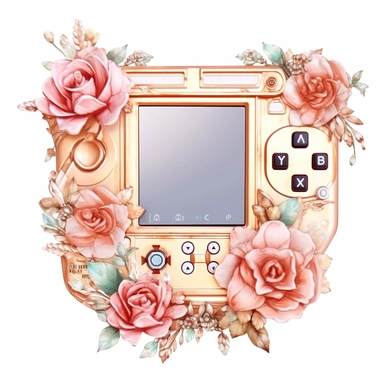 Watercolour rose gold and pastel detailed 3d Handheld gaming console, surrounded by beautiful roses and Swarovski crystals and diamonds, svg clipart style, solid white background, clipart element, clipart style highly detailed beautiful