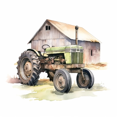 Farm Tractor , barn, farmhouse ,style by Lucy Fleming, watercolor, smooth gradients, black contour outline, ultra detailed, clipart elements, delicate pastel colors, solid white background, super clear, high quality