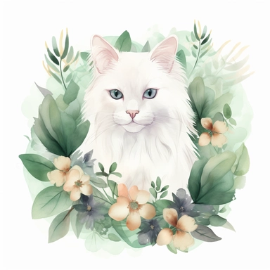 white fluffy cat with lillies in flower and green foliage, Clipart pastel, style is watercolor, soft face, Adorable, Charming , Endearing , fluffy, Furry, Gentle, innocent Playful, Precious, soft, Sweet, Tender, Whimsical, 4k