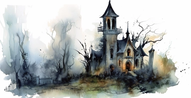 Abandoned haunted house and graveyard, ornamental watercolour clipart, I can't believe how beautiful this is