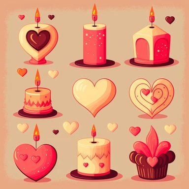 Create a set of playful, cartoon-style clip art images featuring candles with a Valentine's Day theme. The images should have a fun and romantic aesthetic, incorporating elements such as candles in various shapes and sizes, hearts and cupids, or other symbols of love and romance. The images should be depicted in a variety of styles and sizes, with added details such as texture, shading, or other realistic features. The cartoon style should add a fun and playful element. Overall, the images shoul
