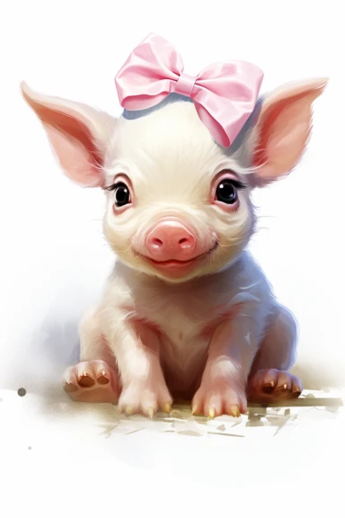 a baby pig with pink bow, clipart, white background