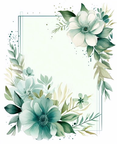 rectangle floral frame, thin border, green flowers and leaves, minimal with white space in middle, clipart, watercolor flowers, hand drawn, white background, clipart,
