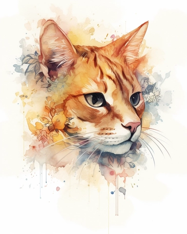 Watercolor Painting of ginger cat head on white background good anatomy, DETAILED ILLUSTRATION, Flora Design Patterns, Flemish Baroque by Rachel Ruysch, Behance, Rococo, Intricate Detailed, Soft Light Effect, Oil Paint Strokes, Light Academia Aesthetic Flowers, Lighting cinematic, all shown shimmering stamens, tyndall light, texture, colorful, 8k, fantasy, ray tracing, vivid, spectacular lighting, octane rendering, highly detailed, ultra - realistic, white background, clipart