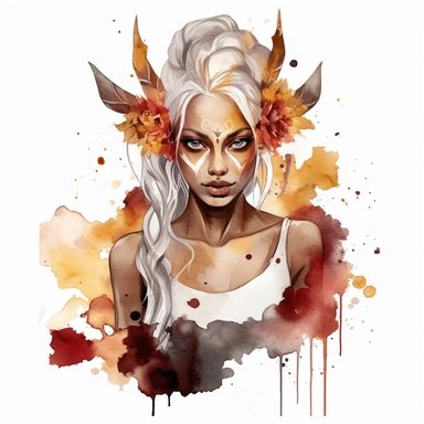 boho fantasy female elf african American clipart with pointy ears, beautiful, gold, white and, ash hair with beautiful glittery clothing in deep burgundy, white, rose gold , and splashy watercolour background