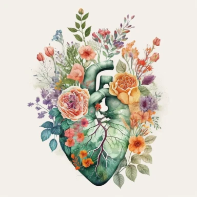 Generate a beautiful digital watercolor clipart illustrating flowers growing from a human heart, replacing the traditional vase. The art should evoke a sense of spring, with a variety of flowers in vibrant, spring-like colors. The heart from which the flowers grow should be detailed and realistic, adding a touch of whimsy and symbolism to the piece. The flowers should bloom from the realistic heart, they should bloom and be beautiful. A lot of flowers, spring vibes.