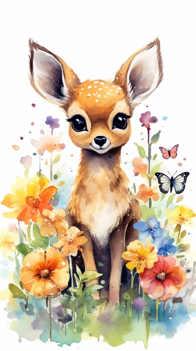 A cute baby deer sitting in a bed of colorful flowers, looking up at the sky with curious eyes, surrounded by butterflies and bees, evoking a sense of innocence and wonder, Watercolor painting with a bright and cheerful color palette, emphasizing the playfulness of the scene, watercolor clipart, white background