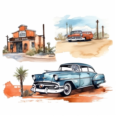 watercolor historic California Route 66 highway, illustration, clipart set, simple, , cartoon elements ,different variants , separate elements with a margin
