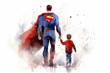 back side of cartoonic superman with a little boy vector art, watercolor art, clipart, father day greeting