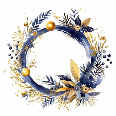 whimsical watercolour boho gold and navy blue clip art Christmas wreath decorated with small gifts, watercolor, splatters, white background, 32k