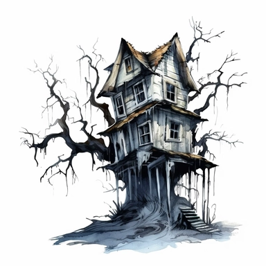 haunted house, dead trees, watercolor, clipart, white background, in the style of victorian-inspired illustrations, fantastic grotesque, sketchfab