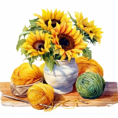 summer, knitting, sunflowers and balls of yarn, watercolor, high quality, clipart, white background