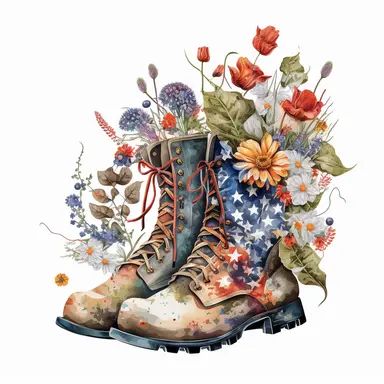 A Pair of Old Veteran Boots Combined with American Flag, Many Various Beautiful and Bright Boho Florals Flowers Inside Boots, Sublimation Clipart, on a white background