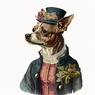 Portrait Shot of a Vintage Anthropomorphic Dog Wearing A Victorian costume Illustration, colorful, 1920s Illustration, Vintage, Antique, Ephemera, Clipart, 8k, Isolated on white