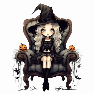 halloween cute witch sitting on a 18th century chair, clipart, in the style of tim burton, background is only white