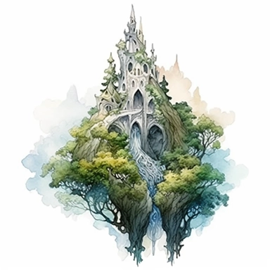 Clipart, watercolor, white background: A fantasy mountain with towering trees and cascading vines, providing shelter to mythical creatures and enchanting wildlife.